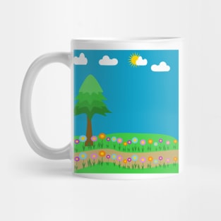 A meadow of flowers with a pine tree and sky and clouds Mug